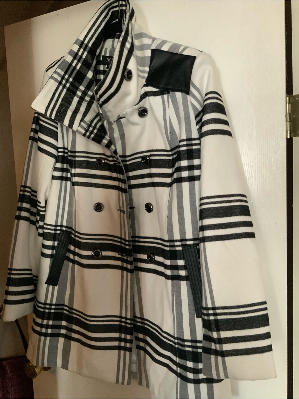 BCX Black & White Plaid Double-Breasted Pea Coat with Contrast Trim
